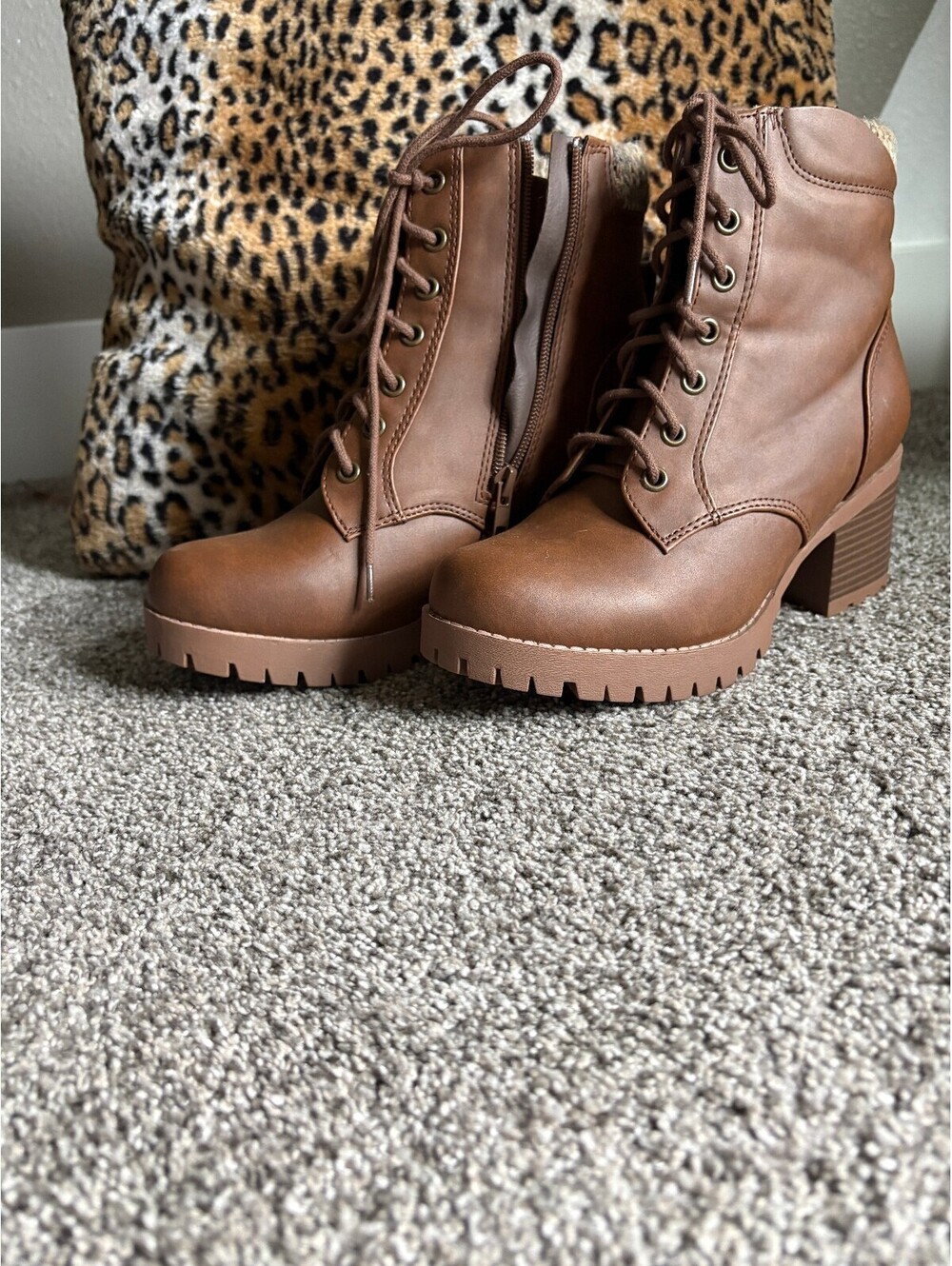 Brown Lace-Up Chunky Heel Ankle Boots
